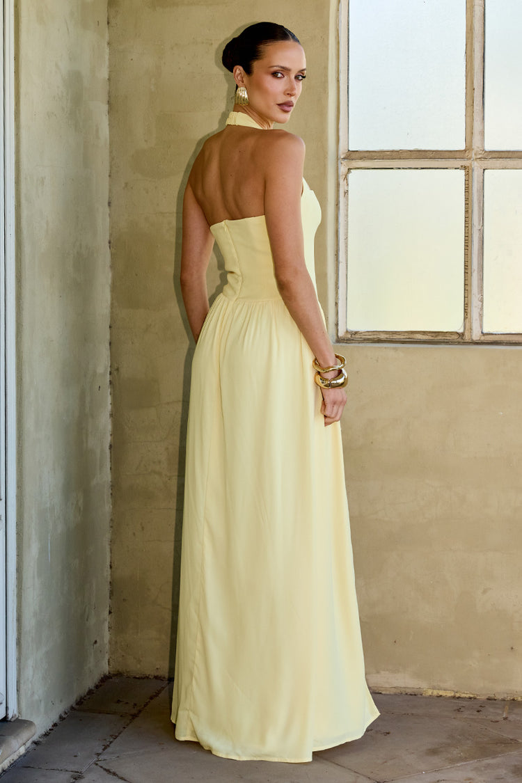 Abigail Maxi Dress Halter Neckline Detail in Lemon | Winsome Girl Fashion
