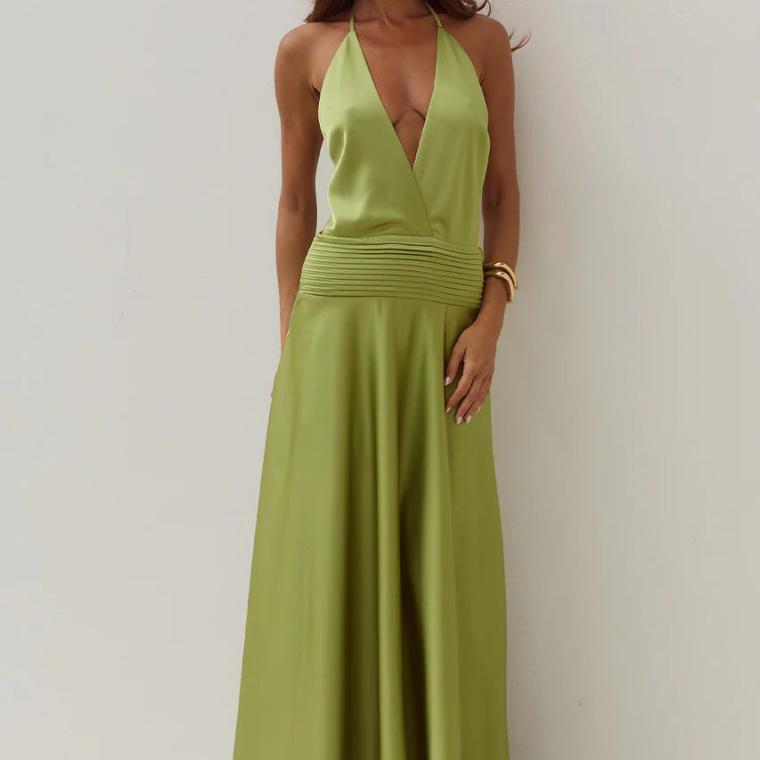 Amadine Deep V Plunge Maxi Dress in Olive