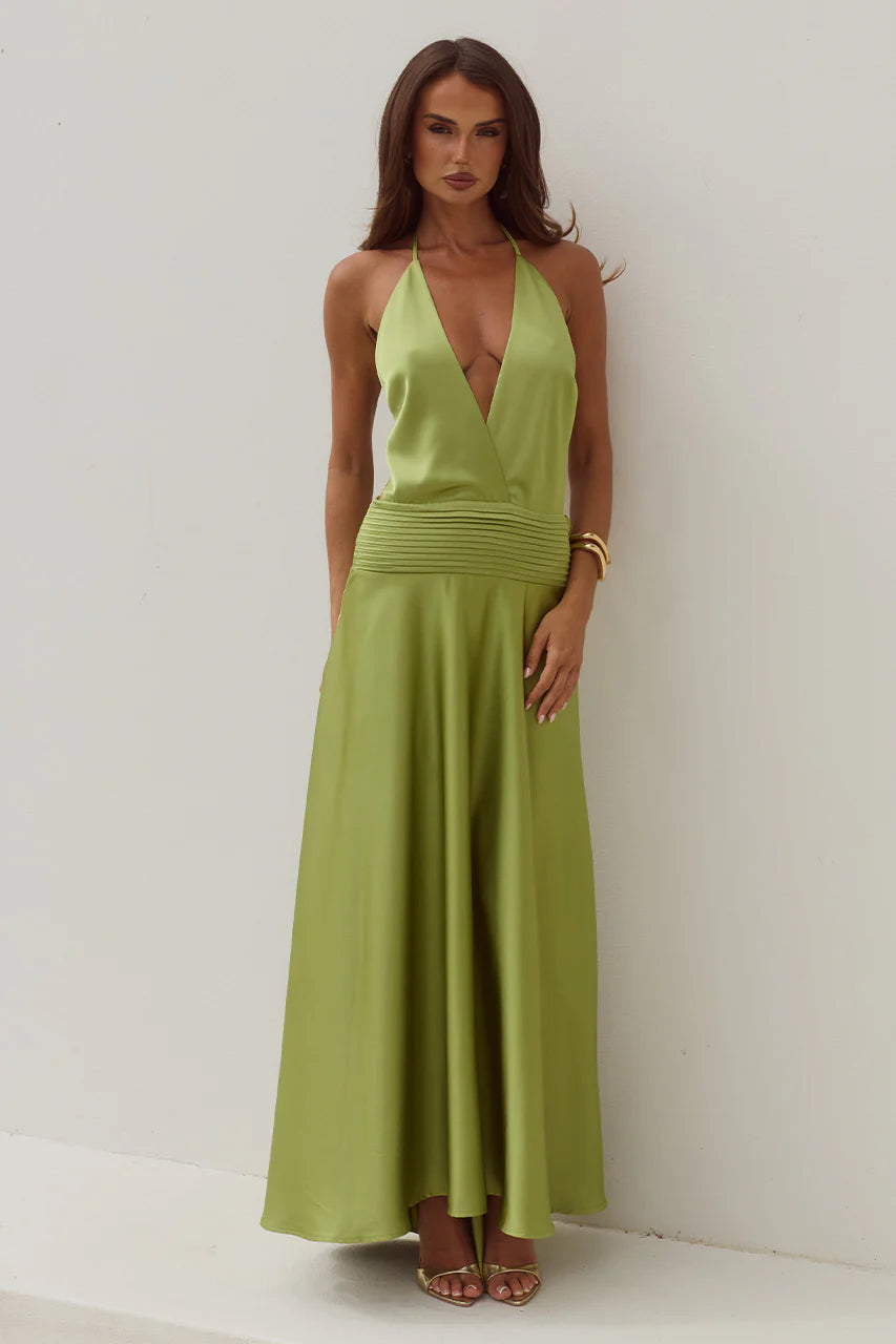 Amadine Deep V Plunge Maxi Dress in Olive