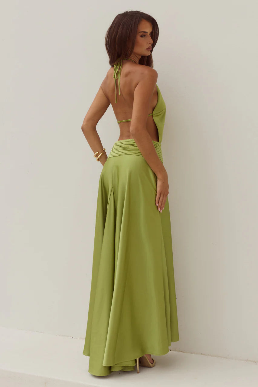 Amadine Deep V Plunge Maxi Dress in Olive