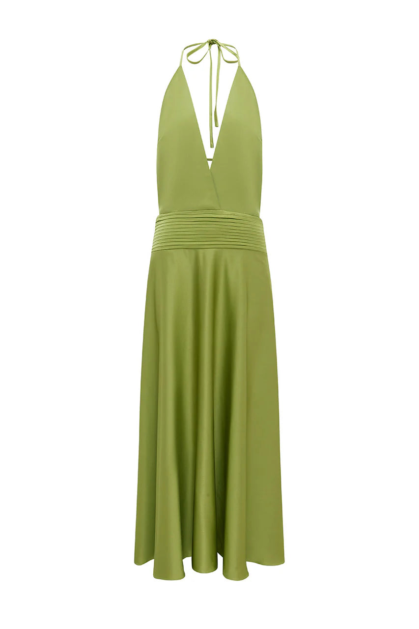 Amadine Deep V Plunge Maxi Dress in Olive