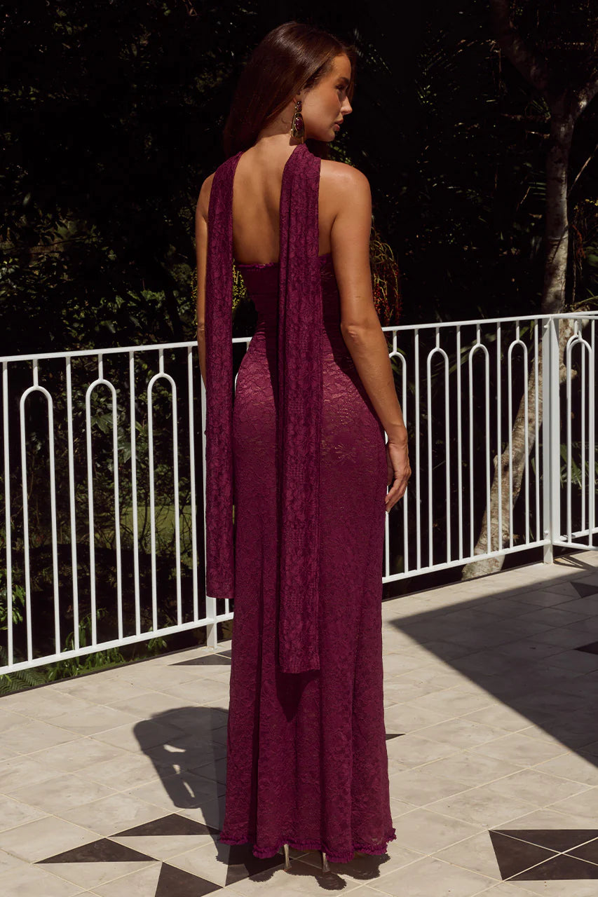 Runaway The Label - Amana Strapless Scarf Maxi Dress in Wine