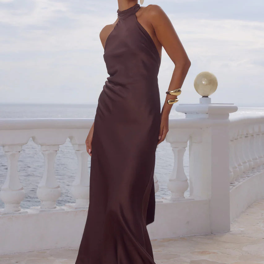 Arabelle High Neck Maxi Dress in Bitter Chocolate