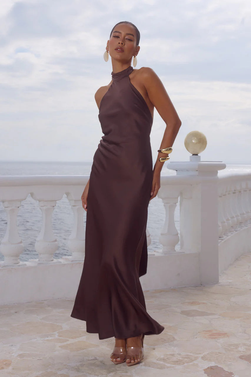 Arabelle High Neck Maxi Dress in Bitter Chocolate
