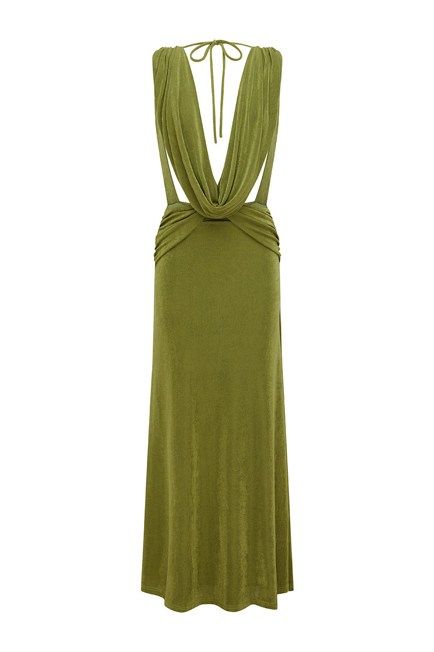 Aralia Plunge Cowl Back Maxi Dress in Palm by Runaway The Label | Winsome Girl Fashion
