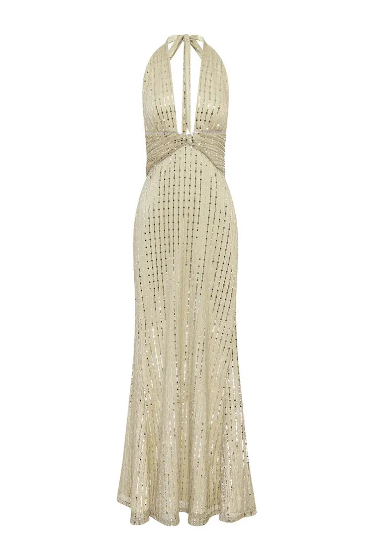 Annette Plunge V-neck Maxi Dress in Champagne