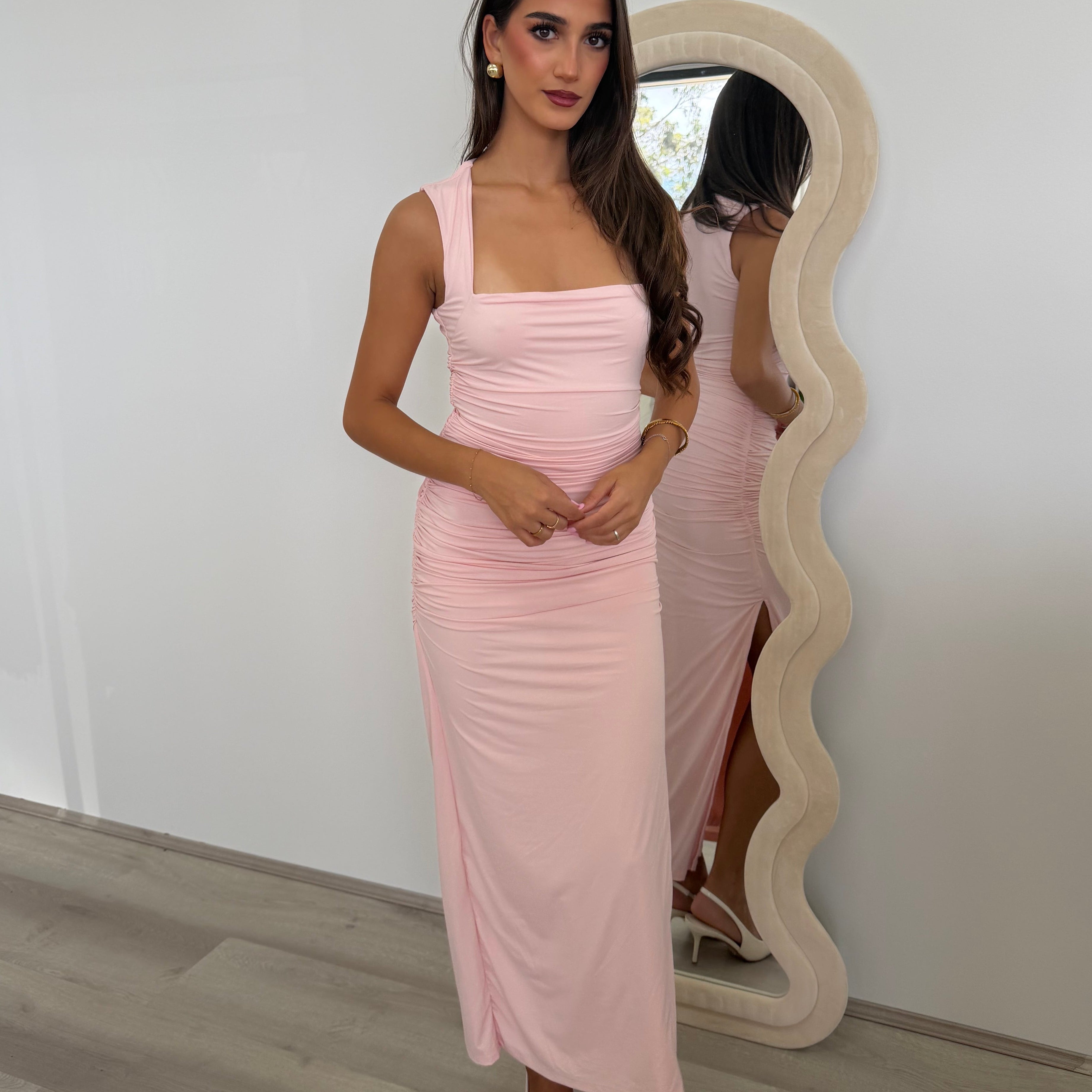 Sharni Ruched Midi Dress in Pink