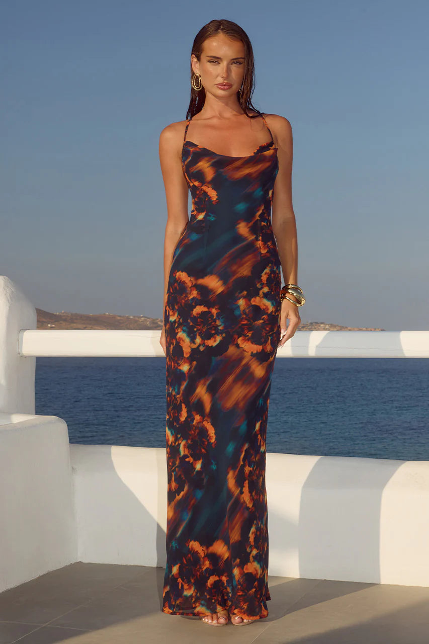 Runaway The Label - Brigette Cowl Cross Back Maxi Dress in Valina Orange