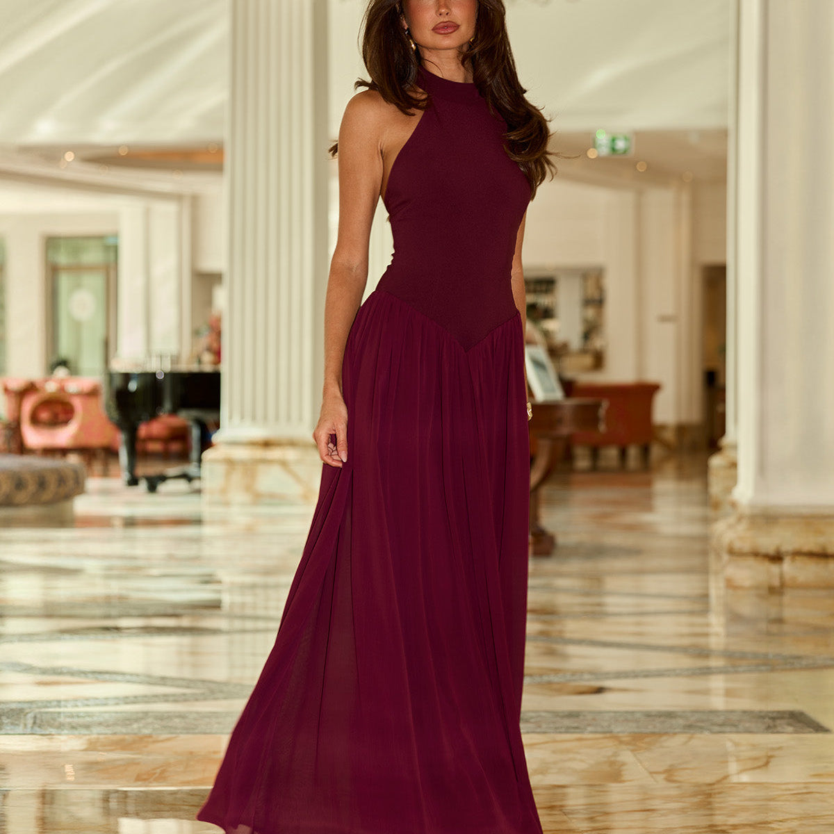 Caliana High Neck Maxi Dress in Plum by Runaway The Label | Winsome Girl Fashion