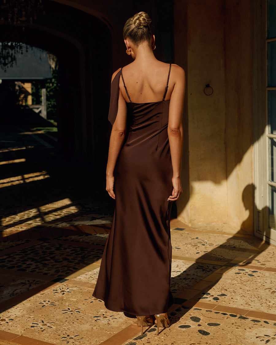 Elara Cowl Maxi Dress in Chocolate Back View | Winsome Girl Fashion
