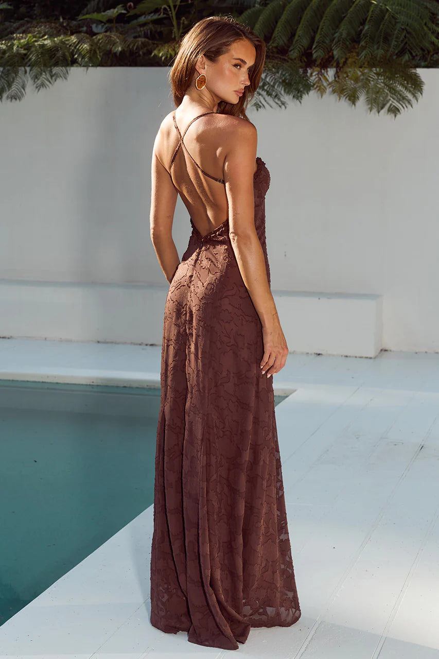 Runaway The Label - Ellerby Frill Trim Maxi Dress in Chocolate