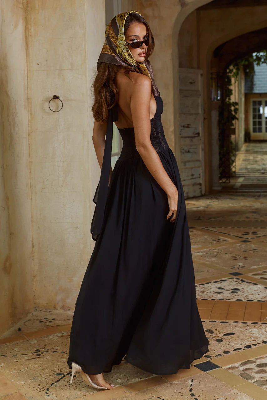 Fernanda Plunge Halter Maxi Dress in Black