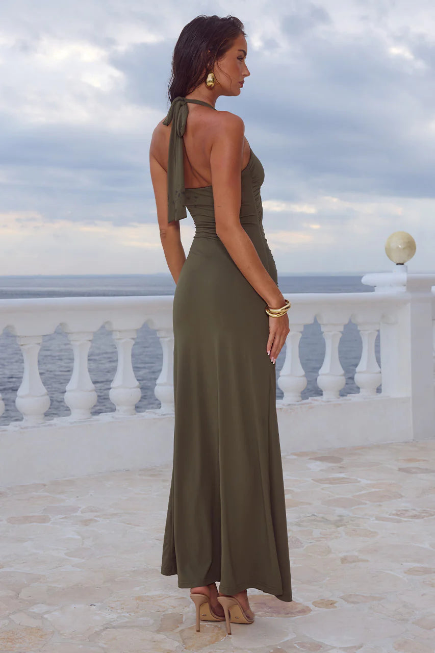 Flora Cut Out Halter Maxi Dress in Olive