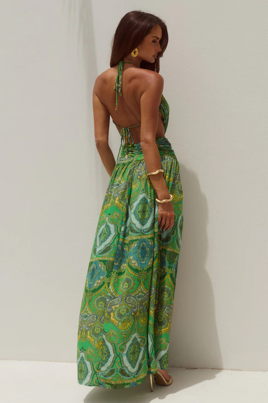 Fontana Deep Plunge Maxi Dress in Indiana Green