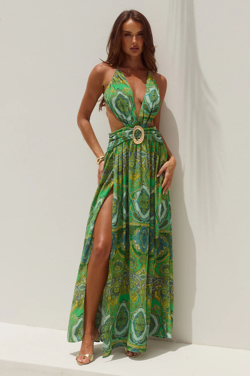 Fontana Deep Plunge Maxi Dress in Indiana Green