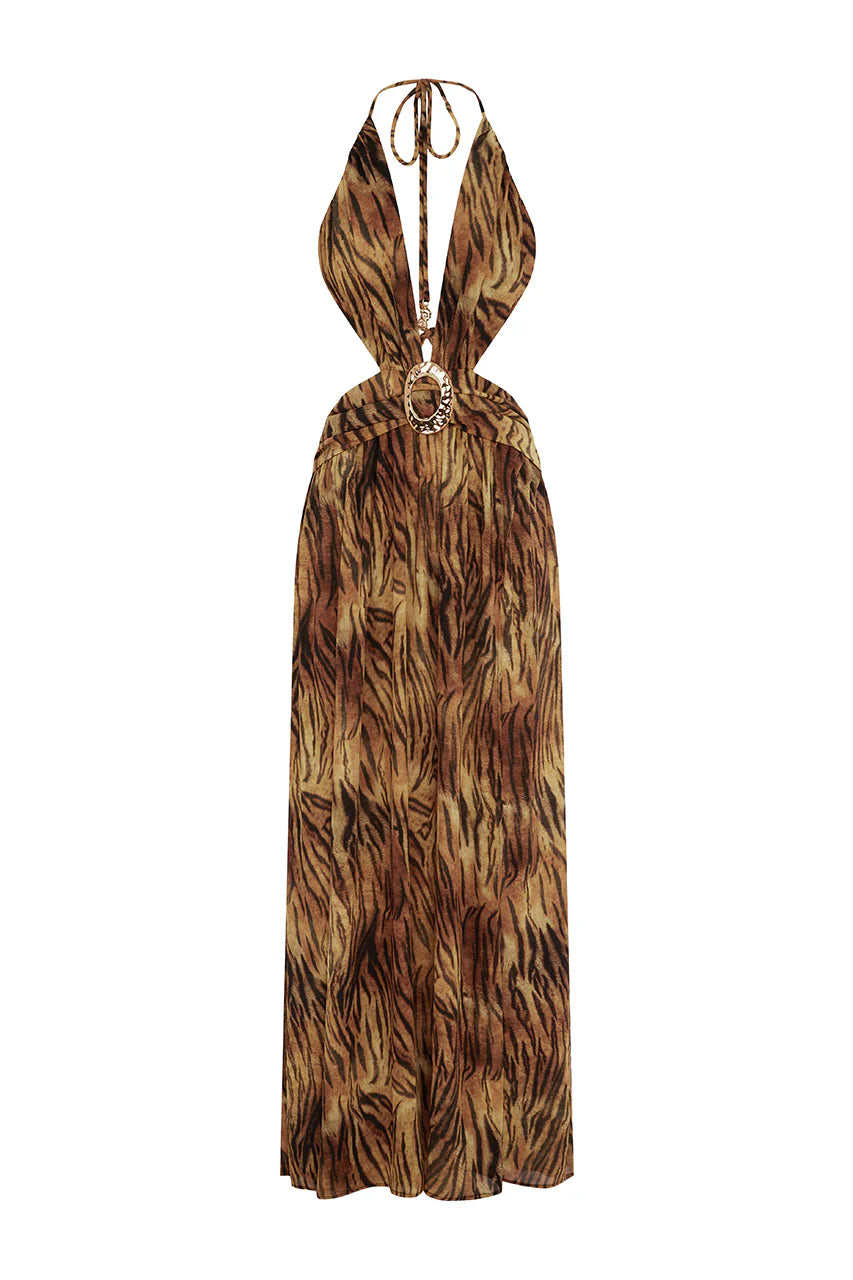 Fontana Deep Plunge Maxi Dress in Tigress Brown by Runaway The Label | Winsome Girl Fashion