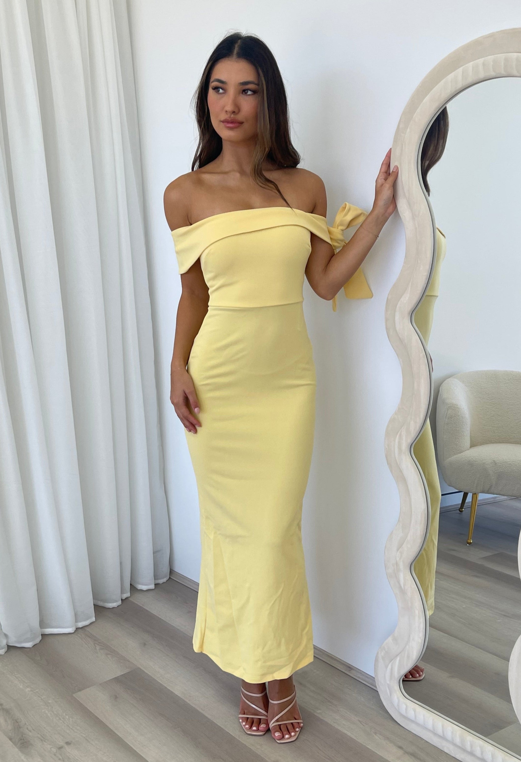 Halen Off Shoulder Maxi Dress in Lemon | Winsome Girl Fashion