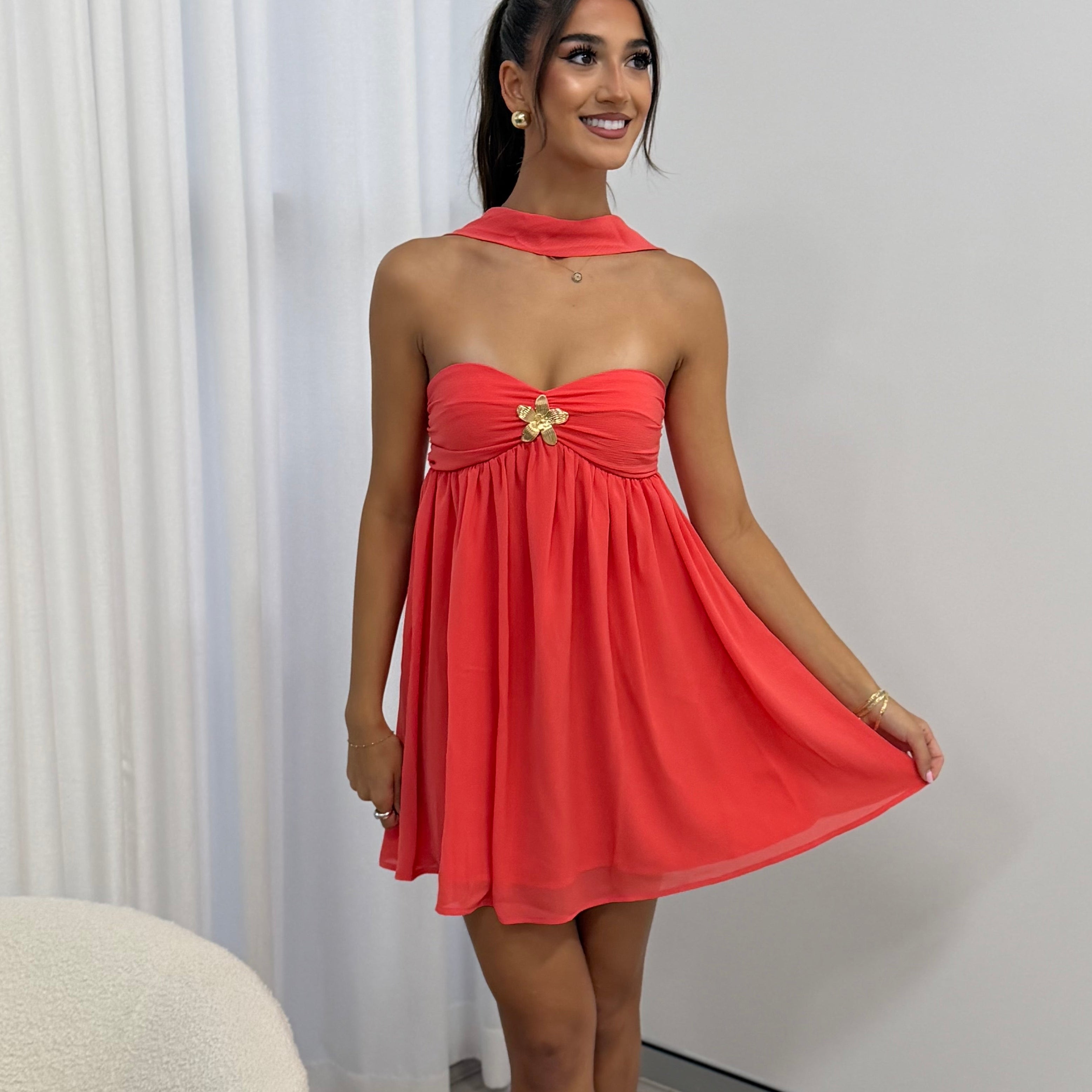 Haven Mini Dress in Coral
