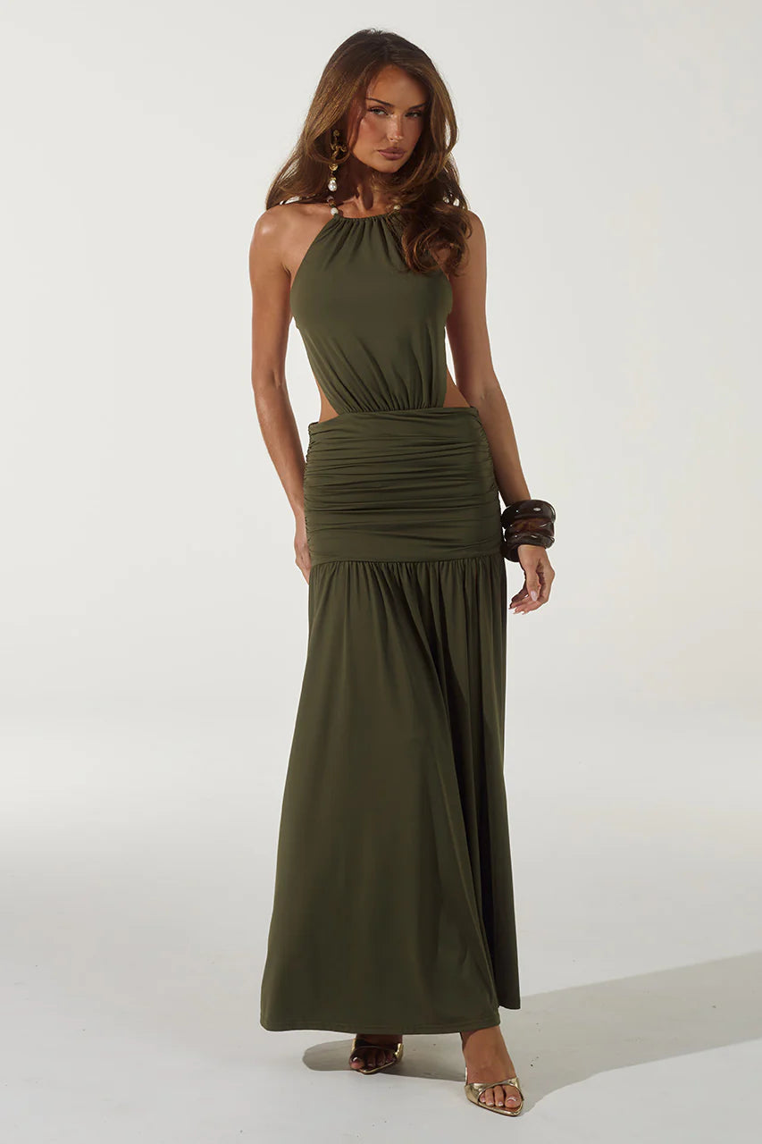 Imelda High Neck Maxi Dress in Olive