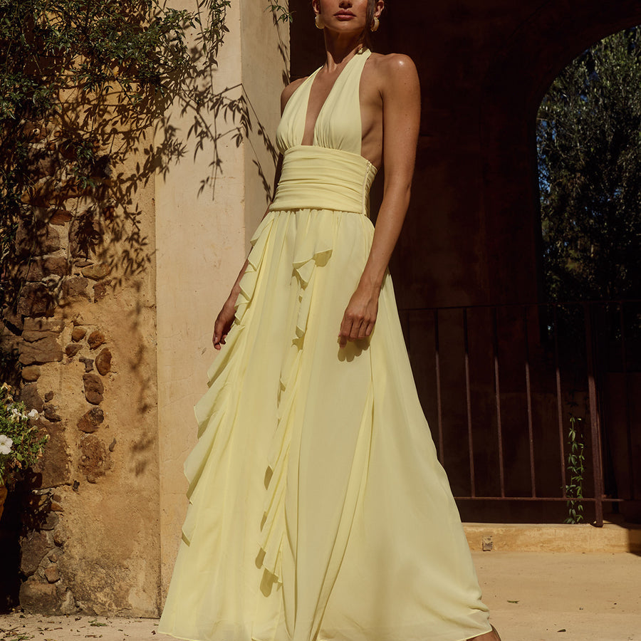 Isolina Halter Corset Maxi Dress in Butter by Runaway The Label | Winsome Girl Fashion