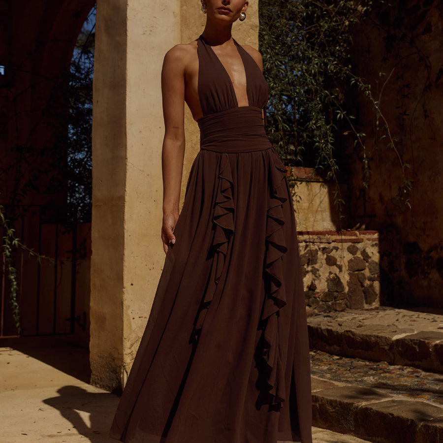 Isolina Halter Corset Maxi Dress in Chocolate by Runaway The Label | Winsome Girl Fashion