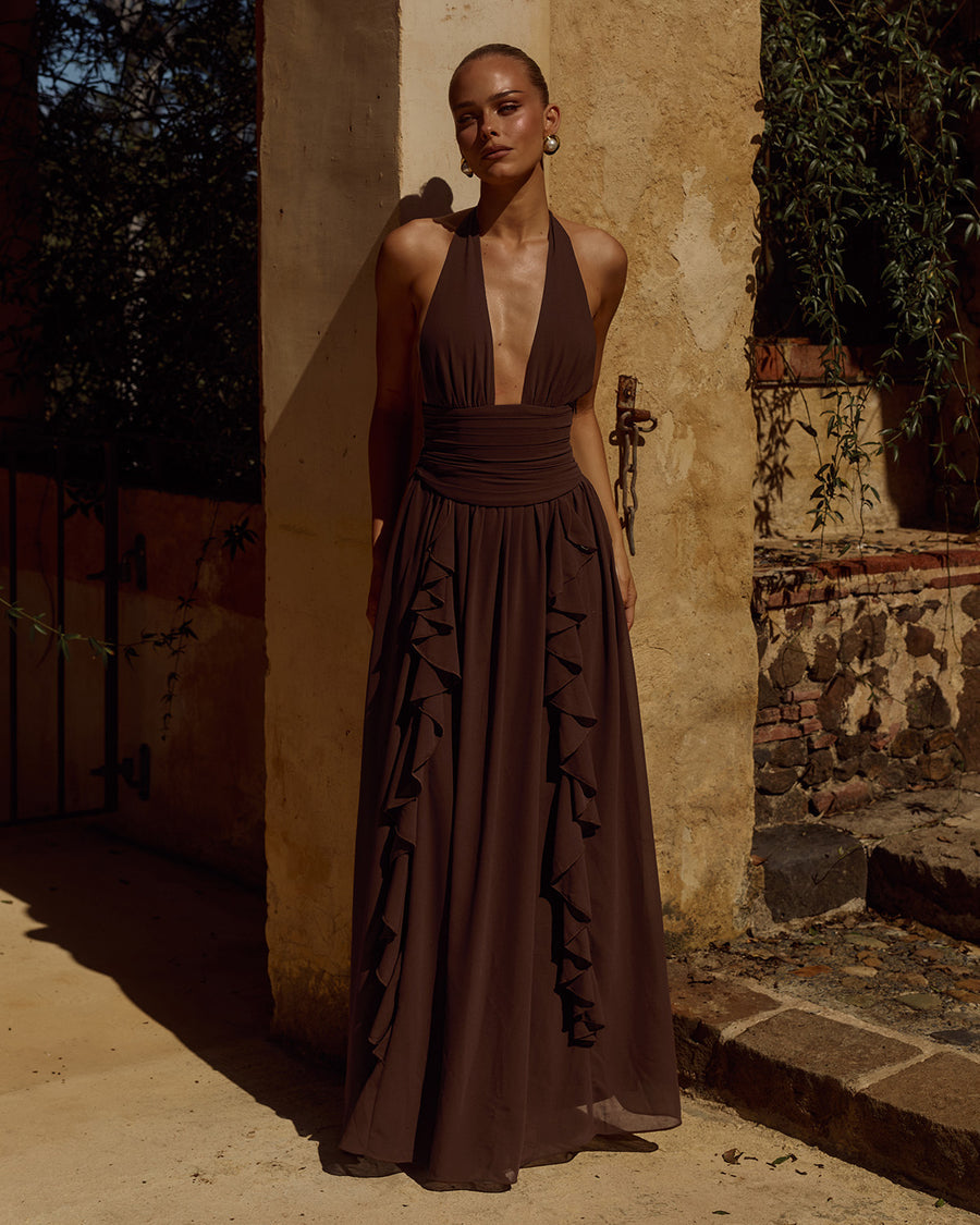Isolina Maxi Dress Draped Frills and Cinched Waist in Chocolate | Winsome Girl Fashion