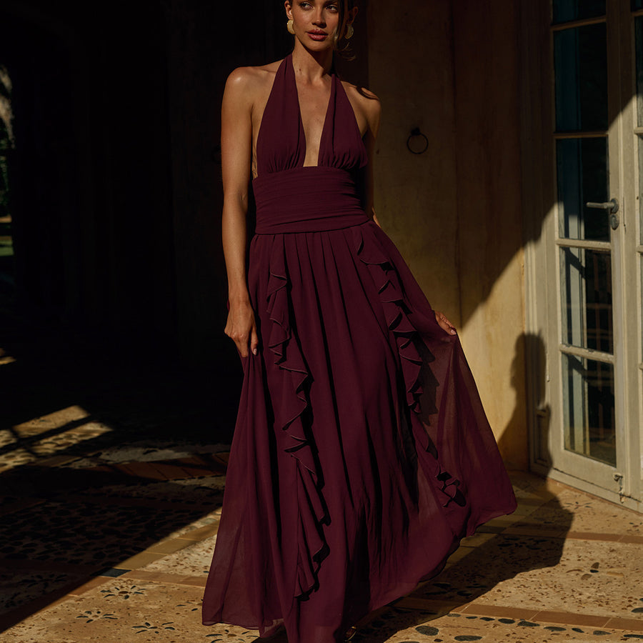 Isolina Halter Corset Maxi Dress in Plum by Runaway The Label | Winsome Girl Fashion