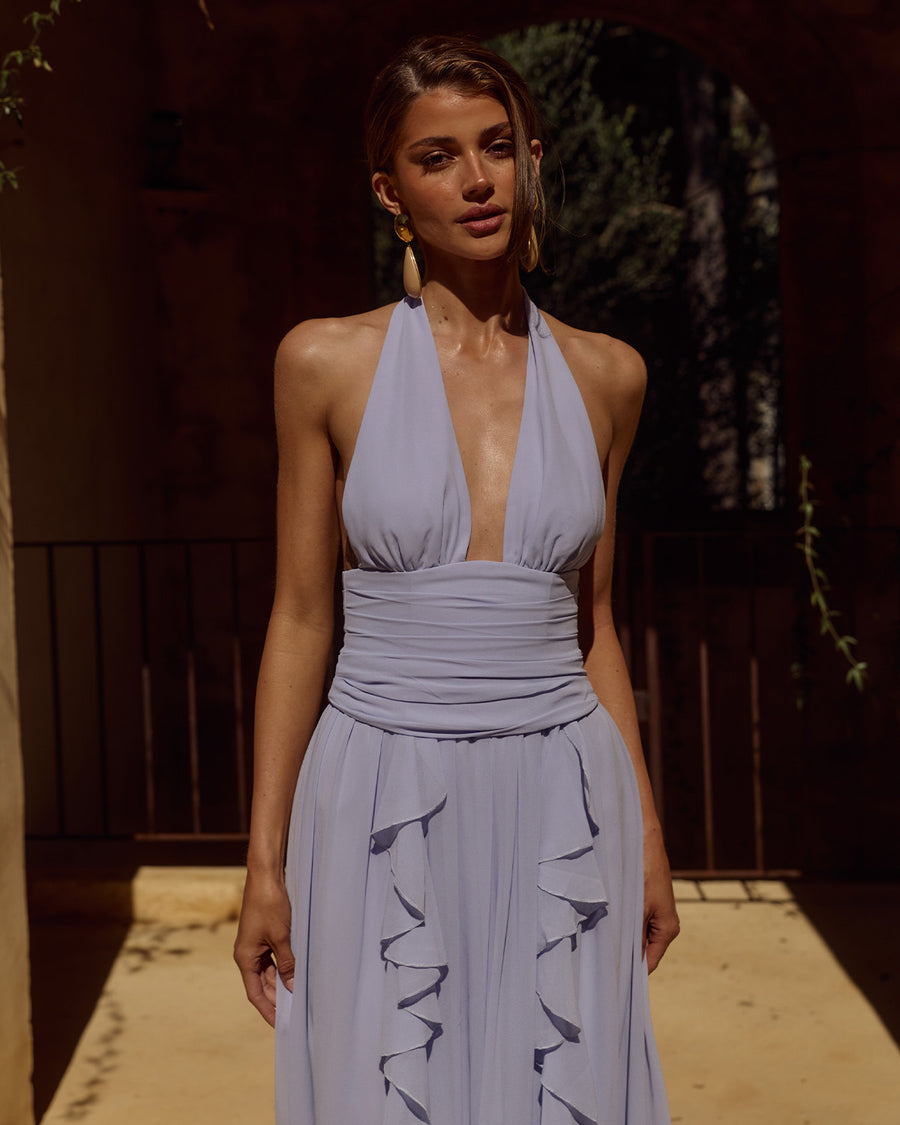 Isolina Halter Corset Maxi Dress in Sky Blue flat lay