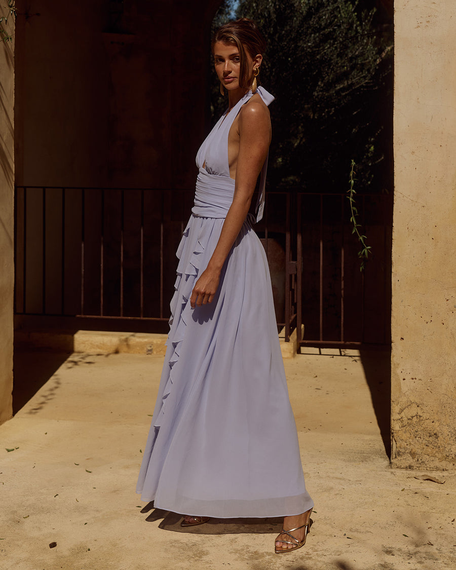 Isolina Halter Corset Maxi Dress in Sky Blue Side Profile | Winsome Girl Fashion
