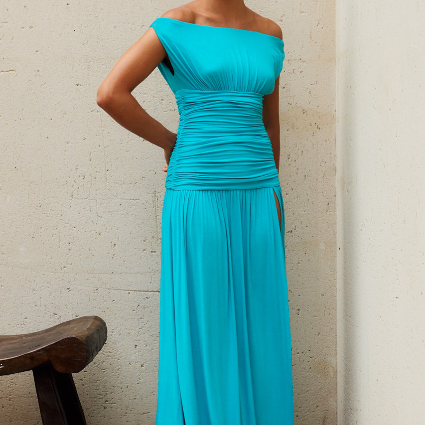 Iva Off Shoulder Maxi Dress in Turquoise by Seven Wonders | Winsome Girl Fashion