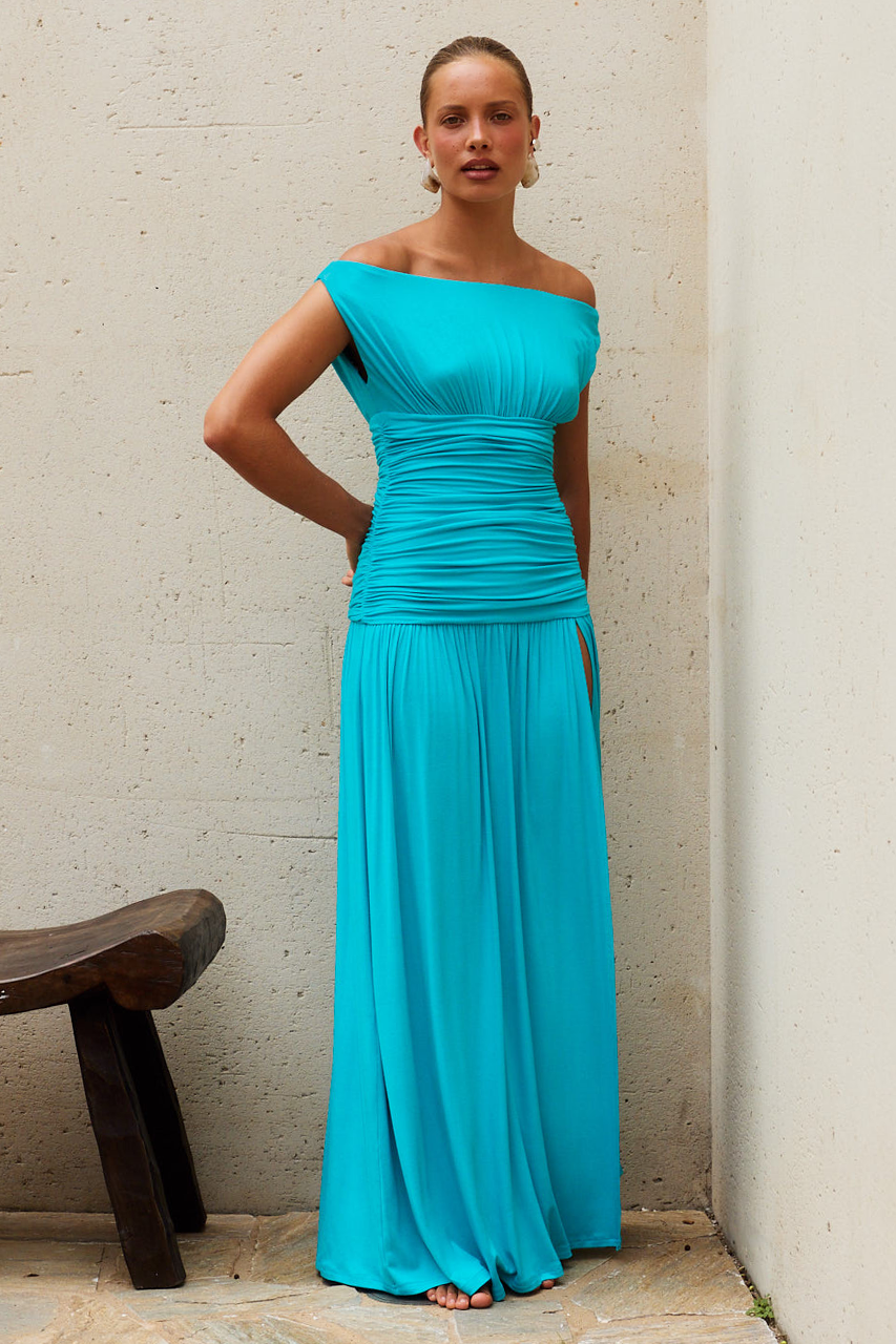 Iva Off Shoulder Maxi Dress in Turquoise by Seven Wonders | Winsome Girl Fashion