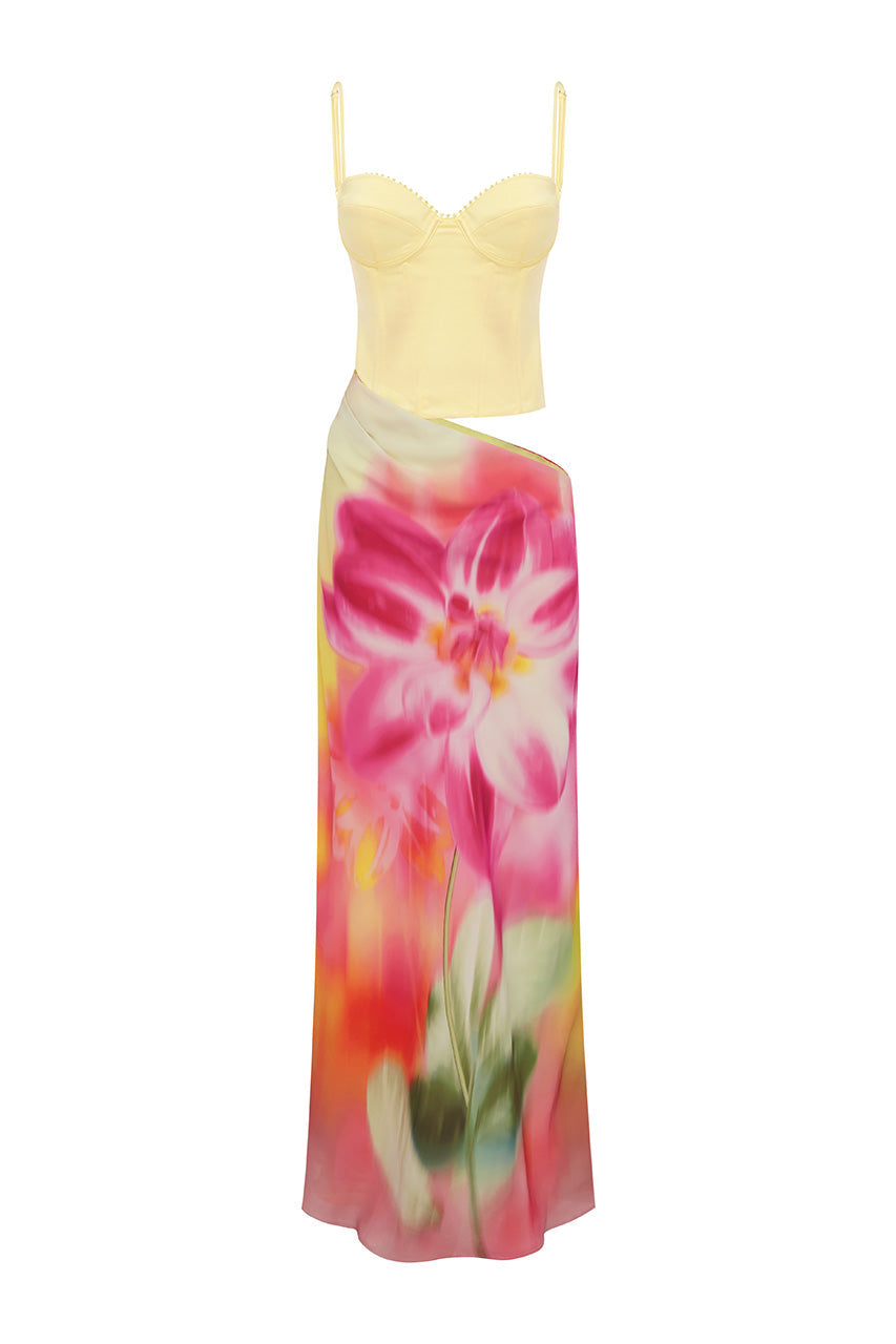 Jacinta Bustier Cut Out Maxi Dress in Banksia Flower by Runaway The Label | Winsome Girl Fashion