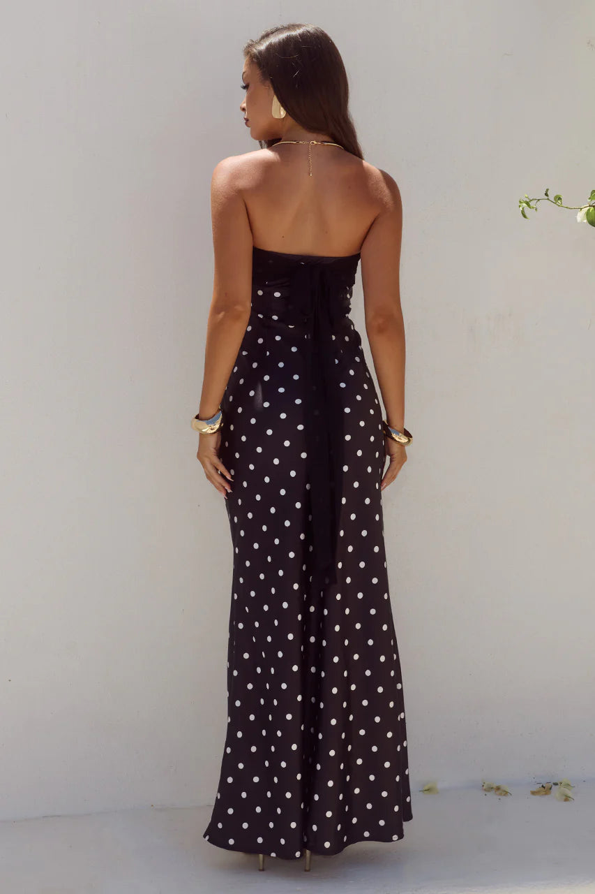 Kadie Off Shoulder Maxi Dress in Black / white Polka