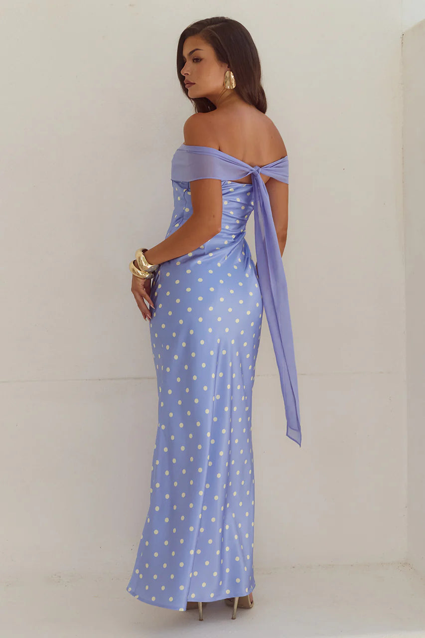 Kadie Off Shoulder Maxi Dress in Periwinkle / Lemon Polka