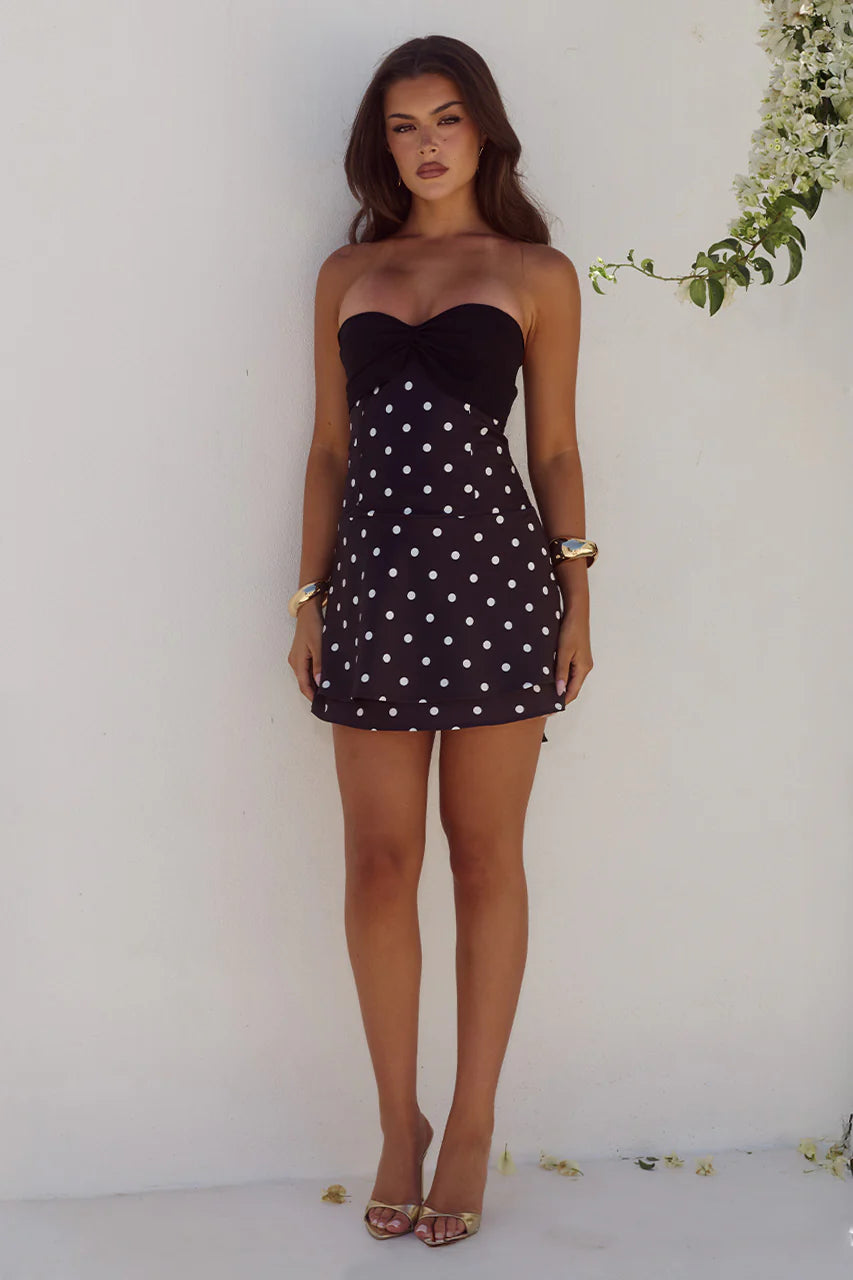 Kadie Off Shoulder Mini Dress in Black / White Polka