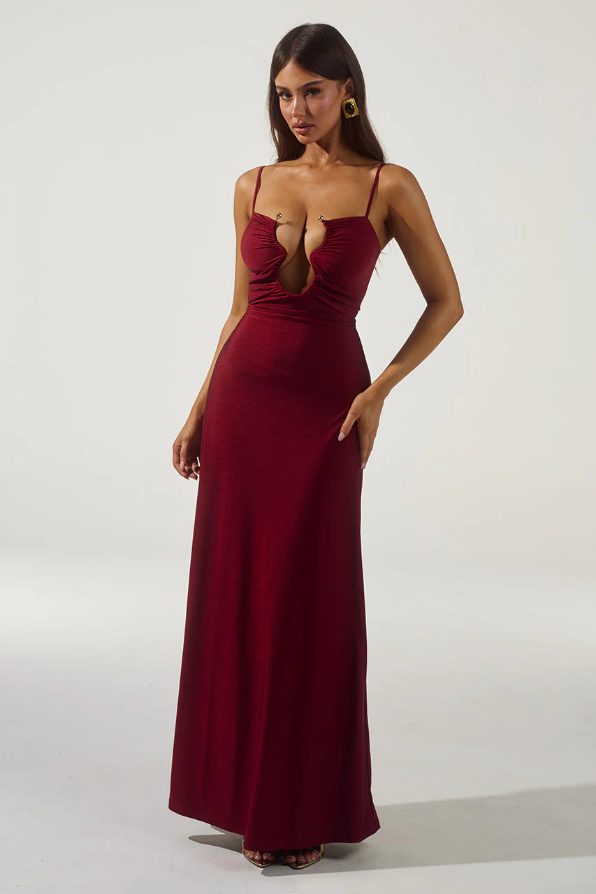 Kalena Plunge Maxi Dress in Cherry