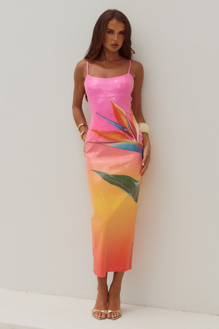 Kyra Scoop Neck Sequin Midi Dress in Tropical Ombre by Runaway The Label | Winsome Girl Fashion