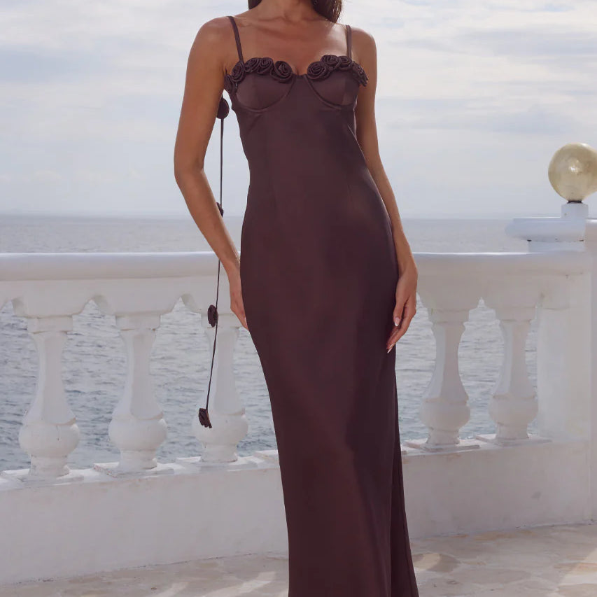 Lavena Floral Detail Maxi Dress in Bitter Chocolate