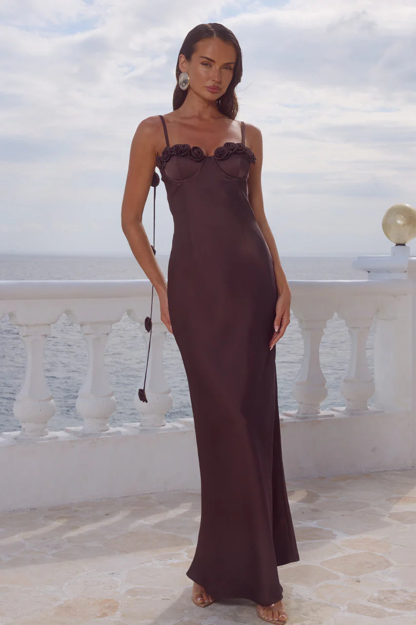 Lavena Floral Detail Maxi Dress in Bitter Chocolate