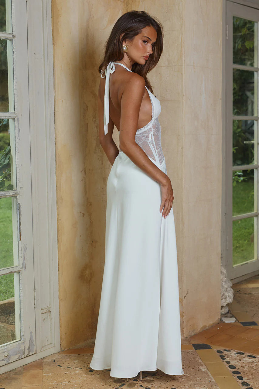 Lilith Halter Maxi Dress in Pearl