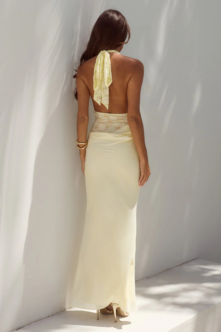 Lina Halter Draped Maxi Dress in Lemon