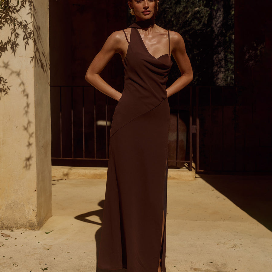 Liora Draped Scarf Maxi Dress in Chocolate by Runaway The Label | Winsome Girl Fashion