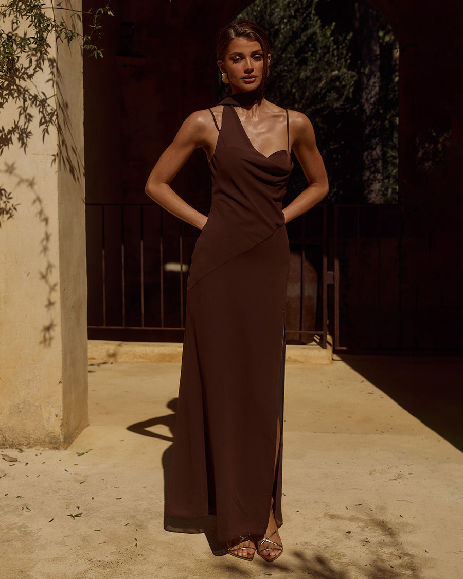 Liora Draped Scarf Maxi Dress in Chocolate by Runaway The Label | Winsome Girl Fashion