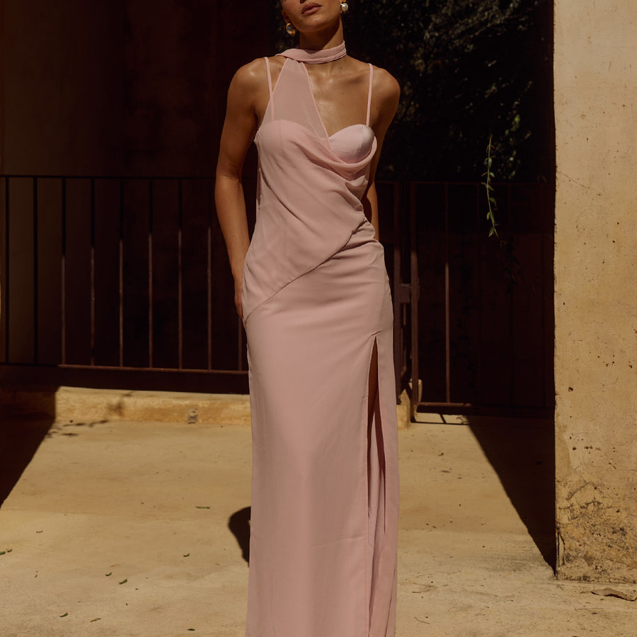 Liora Draped Scarf Maxi Dress in Pink by Runaway The Label | Winsome Girl Fashion