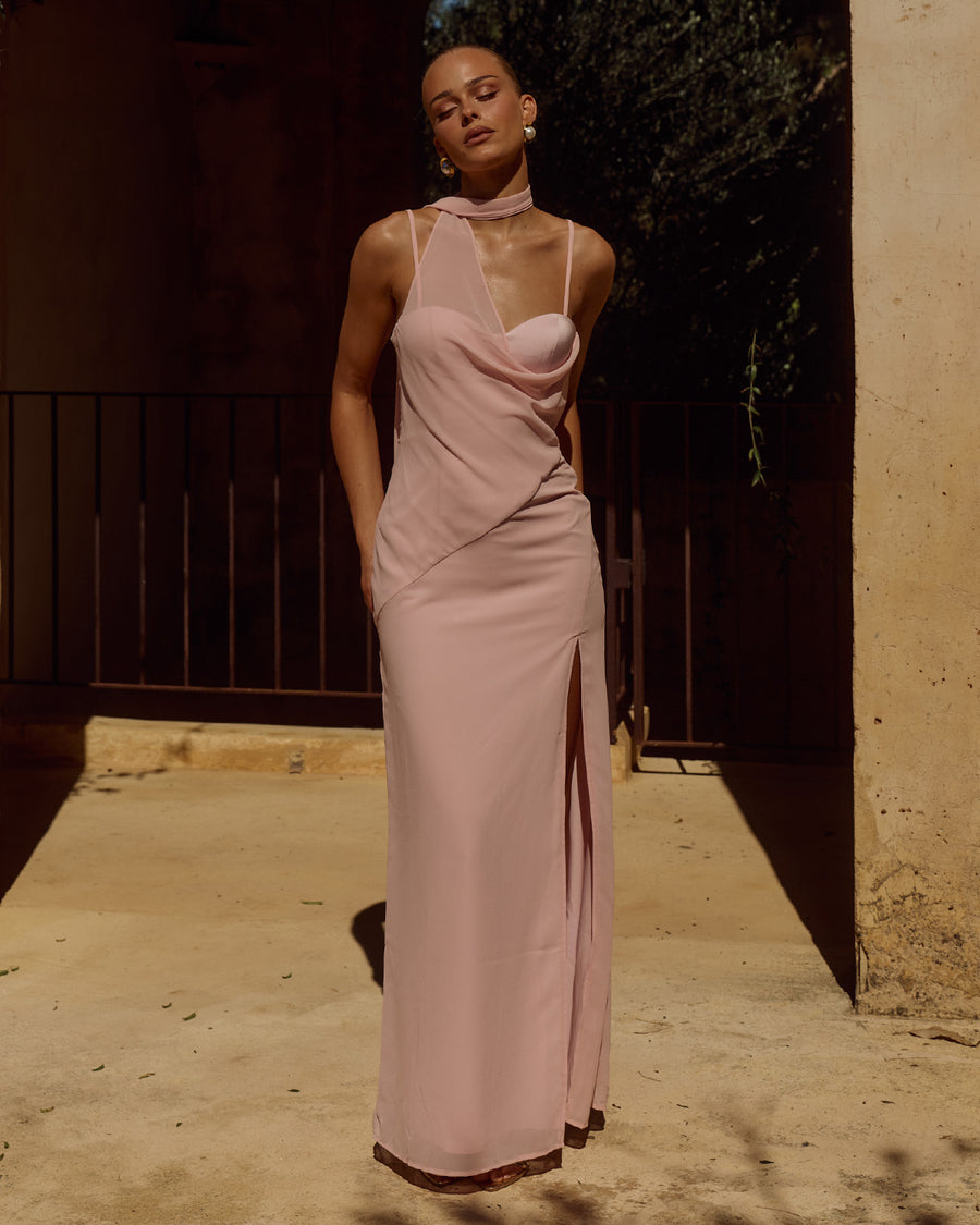 Liora Draped Scarf Maxi Dress in Pink by Runaway The Label | Winsome Girl Fashion