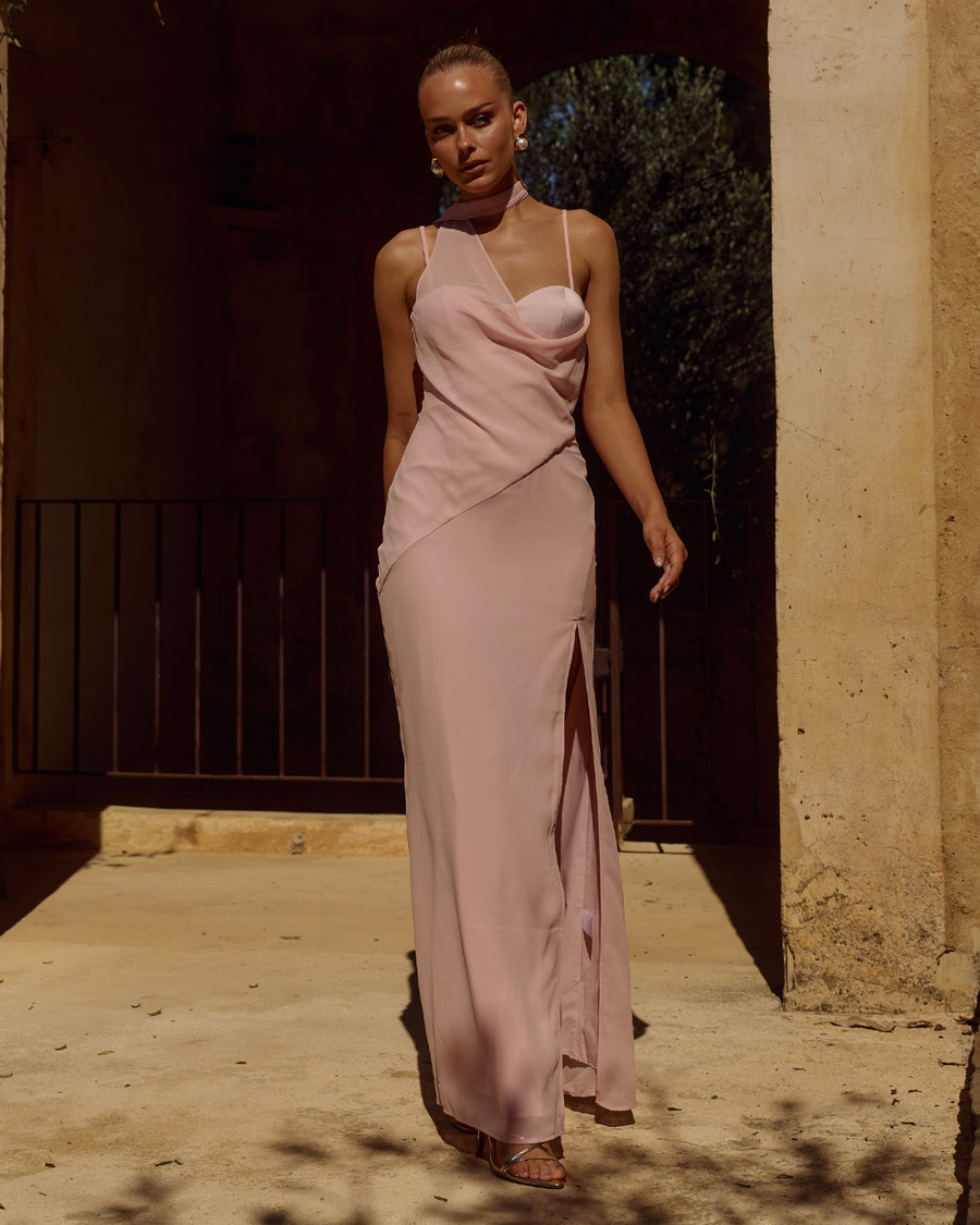 Runaway The Label Liora Maxi Dress Pink Draped Scarf Detail | Winsome Girl Fashion