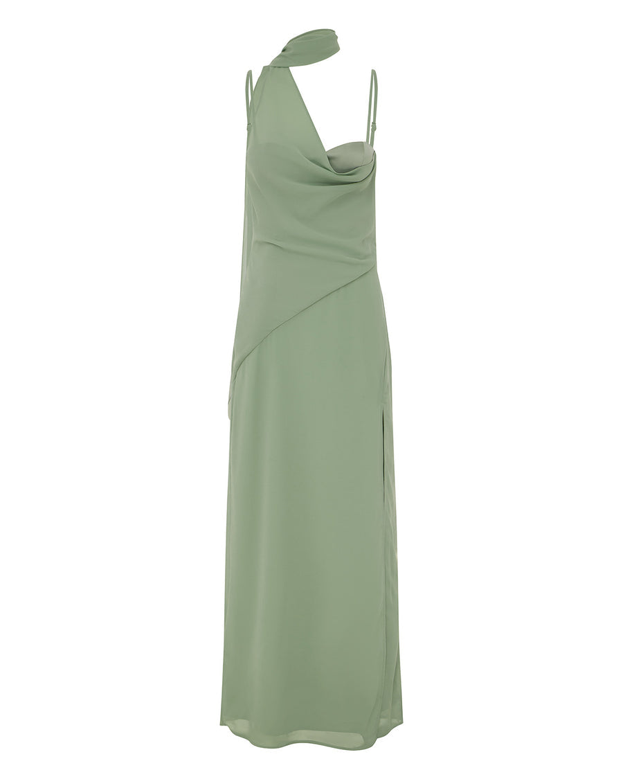 Liora Draped Scarf Maxi Dress in Sage flat lay