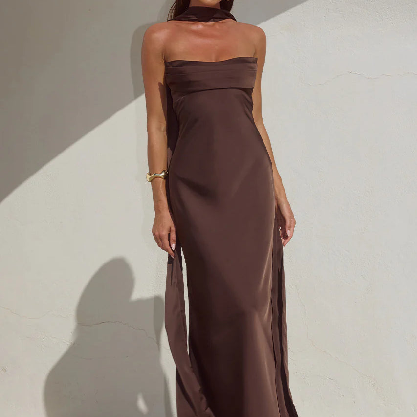 Madeleine Strapless Maxi Dress in Bitter Chocolate