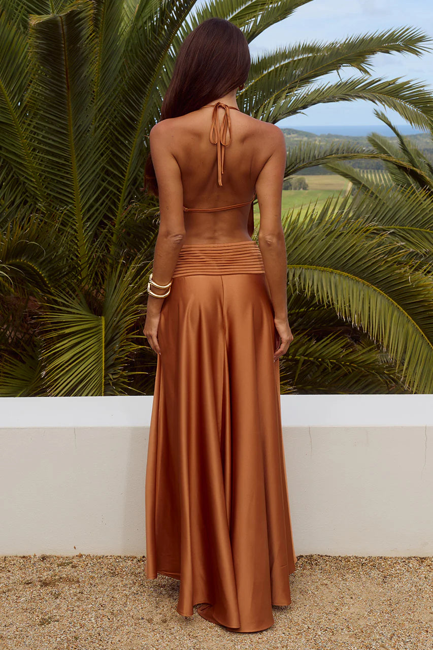 Amadine Deep V Plunge Maxi Dress in Rust