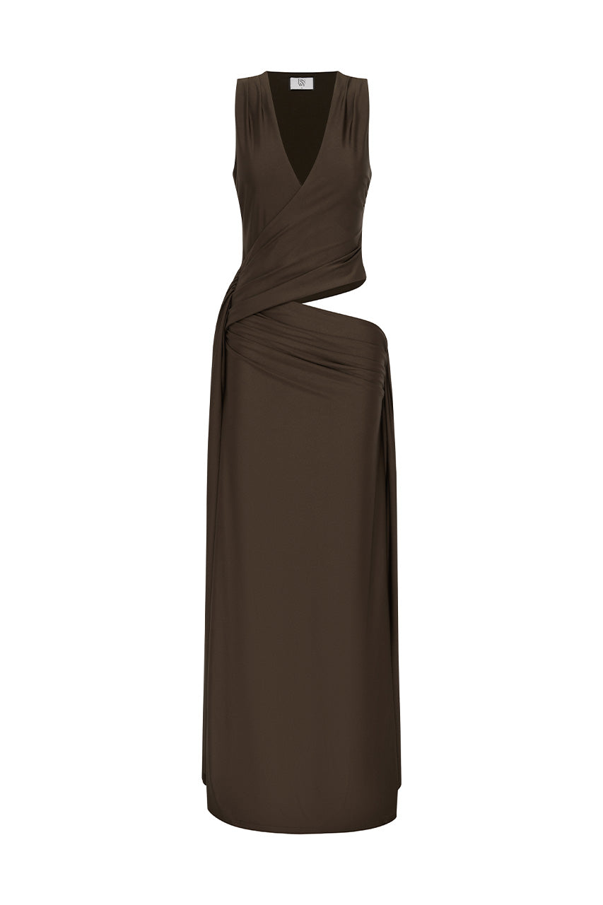 Mazini Deep Plunge Maxi Dress in Bitter Chocolate by Runaway The Label | Winsome Girl Fashion